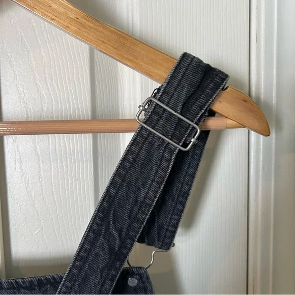 Free People Black Denim Distressed Hem Overall Mini Dress | Size 12 - Picture 3 of 10